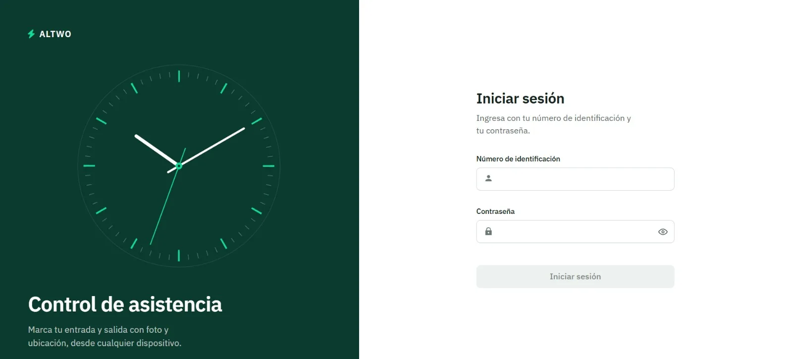 Inicio de sesión del control de asistencia con número de identificación y contraseña