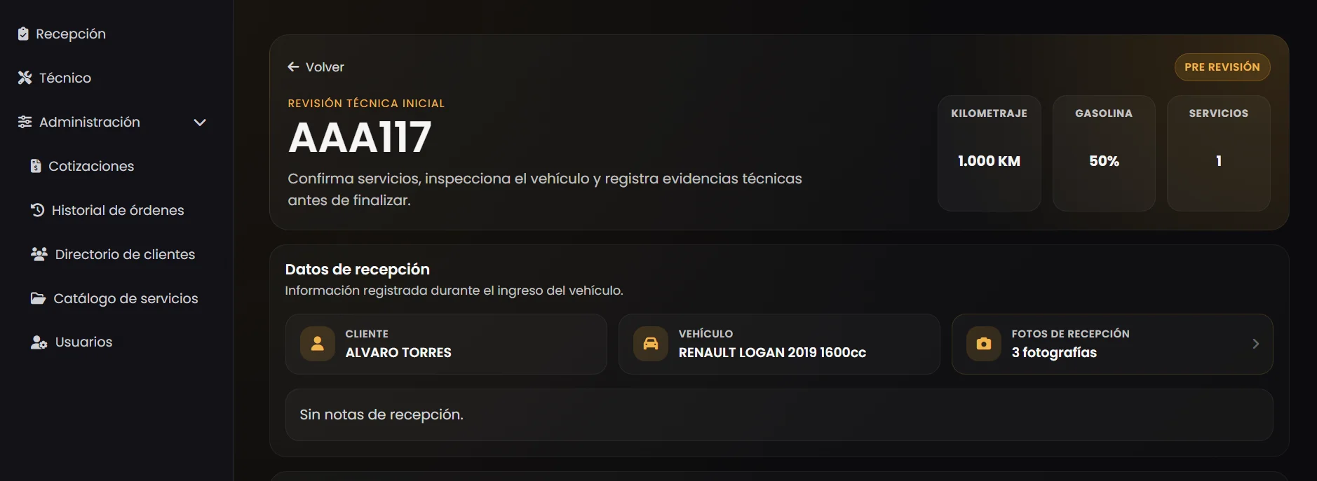 Revisión técnica inicial de un vehículo con los datos y las fotos de la recepción