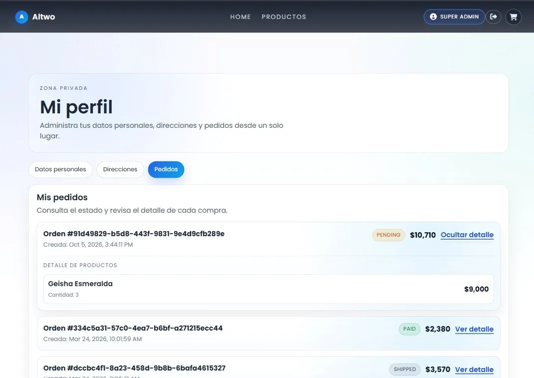 Perfil del cliente con sus pedidos, el estado de cada uno y el detalle de productos